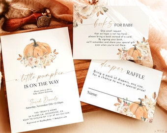 Fall Baby Shower Invitation Bundle, Pumpkin Baby Shower Invite, Boho Baby Shower Invite, A Little Pumpkin is on the Way Girl Invite, F3