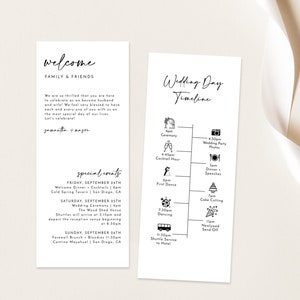 Modèle de chronologie de mariage minimaliste, chronologie de l'ordre moderne des événements, carte de sac de bienvenue, itinéraire de week-end de mariage minimaliste