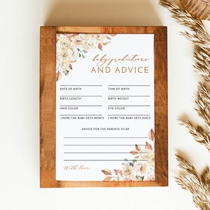 Kaart met advies en voorspellingen herfstbaby shower, genderneutrale babyshower, advieskaart nieuwe ouders, bewerkbare spelsjabloon, herfstbladeren
