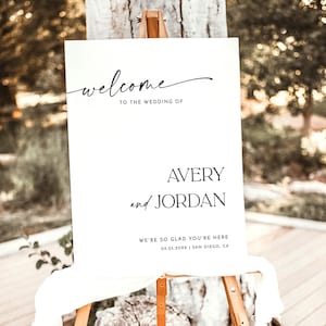 Signo de bienvenida de boda moderno, Estamos muy contentos de que esté aquí, Signo de bienvenida de boda minimalista, Plantilla editable, D1