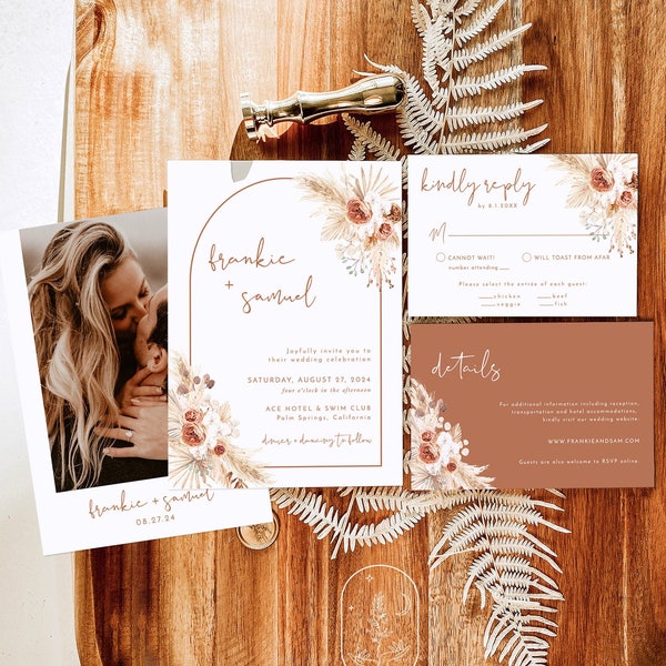 Terracotta Wedding Invitation Template | Minimalist Wedding Invite | Boho Pampas Grass | Desert Wedding Invite | Rust Invite Template | A2