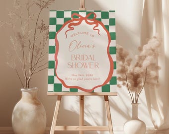 Bold Retro Bridal Shower Welcome Sign | Green Checkerboard Whimsical Poster | Printed & Shipped