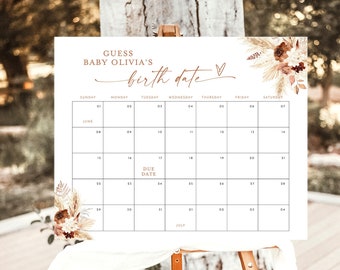 Boho Baby Due Date Calendar Game, Bohemian Shower, Girl, Guess Baby's Birth Poster, Instant Download, Editable Template, A4
