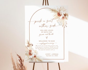 Panneau minimaliste Choisissez un siège, panneau de bienvenue de mariage bohème, cérémonie débranchée, terre cuite, téléchargement immédiat, modèle modifiable, A2