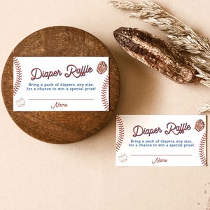 May include: Two white cards with a baseball theme. The cards say "Diaper Raffle" and have a baseball and glove graphic. The text says "Bring a pack of diapers, any size, for a chance to win a special prize!" and has a line for a name.