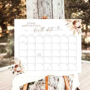 Juego de calendario de fecha de vencimiento de bebé boho, juego de baby shower boho, juego de fecha de vencimiento, baby shower de niña, cartel de fecha de nacimiento de adivinar bebé, A4