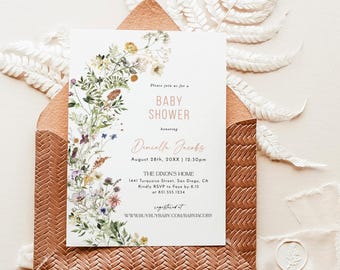 PRINTED + SHIPPED | Wildflower Baby Shower Invite | Boho Garden Floral Theme With Envelopes