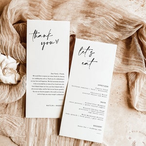 Menú minimalista + plantilla de carta de agradecimiento, lugar moderno gracias, nota de servilleta de boda, menú de boda gracias, M5