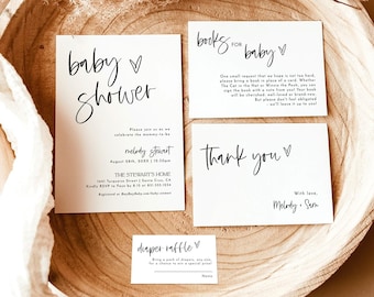 Minimalist Baby Shower Invitation, Gender Neutral Bundle, Books, Diaper Raffle, Modern Boho Invite, Instant Download, Editable Template, M2