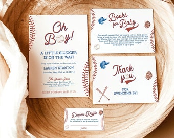 May include: A set of four baseball-themed baby shower invitations with red and blue accents. The invitations feature a baseball, bats, and a glove. The text on the invitations reads "Oh Boy! A Little Slugger is on the Way!" "Books for Baby" "Thank You for Swinging By!" and "Diaper Raffle".
