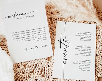 Minimalist Wedding Events Card, Modern Weekend Events, Wedding Itinerary Template, Welcome Bag, Editable Wedding Timeline Schedule, M9