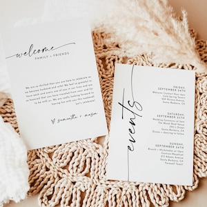 Carte d'événements de mariage minimaliste, événements de week-end modernes, modèle d'itinéraire de mariage, sac de bienvenue, calendrier de mariage modifiable, M9