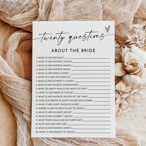 20 Questions About the Bride, Modern Bridal Trivia Shower Game, Minimalist Bridal Shower Game, Bridal Shower Game, Editable Template, M9