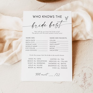 Who Knows The Bride-To-Be Best Game, Modern Bridal Trivia Shower Game, Minimalist Bridal Shower Game, Boho Bridal Shower Game, M9