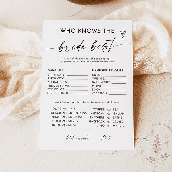 Who Knows The Bride-To-Be Best Game | Modern Bridal Trivia Shower Game | Minimalist Bridal Shower Game | Boho Bridal Shower Game | M9