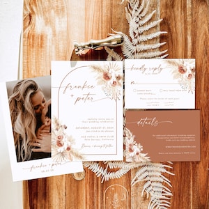 Boho Wedding Invitation Template, Minimalist Wedding Invite, Terracotta Pampas Grass, Desert Wedding Invite, Rust Invite Template, A2