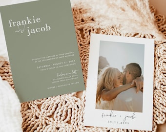 Minimalist Wedding Invitation Template, Olive Green Invite, Modern Sage, Photo, Instant Download, Editable Template, O3