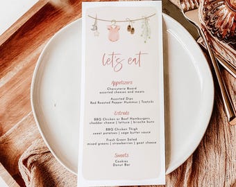 PRINTED + SHIPPED | Boho Baby Shower Menu | Girl Clothesline Theme C2