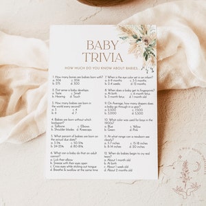 Boho Baby Trivia Shower Game, Bohemian Baby Shower Game, Baby Shower Trivia Game, Gender Neutral Baby Shower, Editable Template, A5