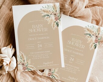 Boho Baby Shower Invitation | Pampas Grass Baby Shower Invite | Girl Baby Shower | Modern Baby Shower Invite | Editable Template | A5