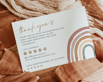 Tarjeta de agradecimiento para pequeños negocios con diseño de arcoíris, estilo boho con acuarela de arcoíris, plantilla editable, tarjeta de agradecimiento por su pedido, RB1