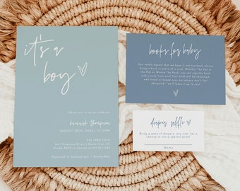 Minimalistische babyshoweruitnodiging, jongensbundel, It's a Invite, blauw, boho-sjabloon, direct downloaden, bewerkbare sjabloon, BM1