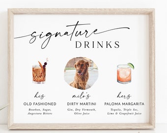 Signature Drinks Sign Template, Signature Cocktail Sign, Minimalist Wedding Bar Menu Sign, His and Hers Bar Sign, Pet Signature Drink M9