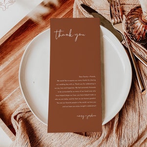 Carta de agradecimiento de terracota, tarjetas de lugar de agradecimiento, nota de servilleta de boda minimalista, lugar de boda naranja quemado gracias, T2