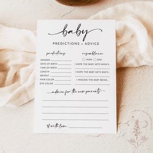 Carte de prédictions de bébé minimaliste, carte de conseils et de souhaits pour les parents, jeux de baby shower, baby shower sans distinction de sexe, modèle modifiable M5