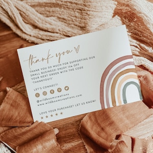 Tarjeta de agradecimiento para pequeñas empresas Rainbow, acuarela Boho Rainbow, plantilla de tarjeta de agradecimiento editable, tarjeta de agradecimiento por su pedido, RB1