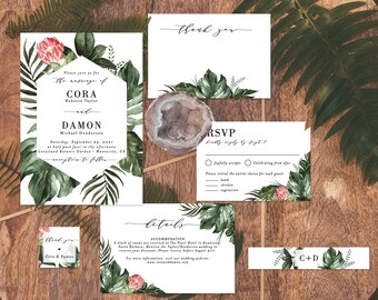 Tropical Wedding Invitation Suite, Editable Template, Watercolor Greenery Palm Leaf, Monstera Invitation Template, Instant Download T01