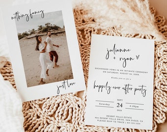 May include: A wedding invitation with a simple design featuring a black and white photo of a couple on the beach. The invitation text reads "julianne + ryan" and "happily ever after party" with the date and time of the event. The invitation is printed on white cardstock and has a minimalist aesthetic.