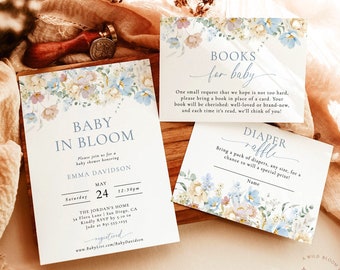 Baby in Bloom Baby Shower Invitation Template, Blue Floral, Boy, Wildflower Invite Bundle, Instant Download, Editable Template, W8