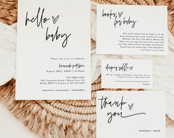 May include: A set of white baby shower invitation cards with black text. The main card reads hello baby, followed by event details. Smaller cards include a books for baby request, a diaper raffle entry, and a thank you note with the names Hannah and Dave.