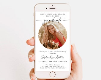 May include: A white and black graduation party invitation with a photo of a woman in a red shirt. The invitation includes the text "Monte Vista High School Class of 2023 graduate" and the text "Please join us for a Graduation Party honoring Skyler Rose Beltran Saturday, May 29th | 2PM-5PM The Beltran Residence 143 Flora Lane, Santa Cruz, CA Kindly RSVP to Hadley 831.123.4567".