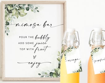 Bridal Shower Mimosa Bar Sign | Greenery Bridal Brunch Mimosa Bar | Mimosa Juice Tags | Mimosa Juice Labels | Greenery Bridal Shower | E1