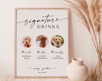 Wedding Bar Menu Sign with Pet, Dog Drink Template, Signature Cocktail, Minimalist, Editable Instant Download, M9