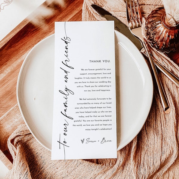 Wedding Menu Thank You | Modern Thank You Letter | Wedding Napkin Note | Editable Template | Minimalist Place Setting Thank You | M9