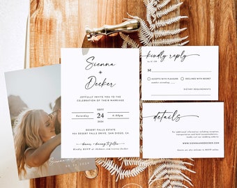 Minimalist Wedding Invitation Suite, Invite, Modern, Photo, Instant Download, Editable Template, M9