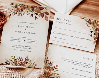 Rustic Wedding Invitation Template, Terracotta Rust Wedding Invite, Autumn Leaves Wedding Invite, Editable Invite Template, F2