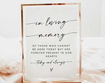 May include: A white framed sign with black calligraphy that reads "in loving memory" and "Of those who cannot be here today but are forever present in our hearts today and always". The sign is sitting on a light pink fabric surface.