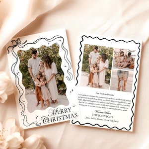 Christmas Card Template, Photo, Wavy Holiday, Family, Bow, Hand Drawn Merry, Instant Download, Editable Template, H1