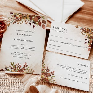 Rustic Wedding Invitation Template | Terracotta Rust Wedding Invite | Autumn Leaves Wedding Invite | Editable Invite Template | F2