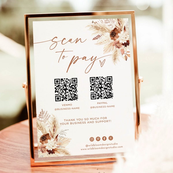 QR Code Sign | Scan to Pay Business Sign | CashApp Paypal | Venmo QR Code Sign | Modern Boho Small Business Sign | Editable Template | A4