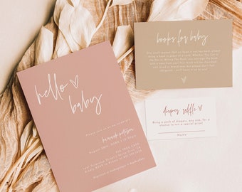 Nowoczesny szablon zaproszenia na baby shower w kolorze różowego różu, różowy zestaw boho, zaproszenie dla dziewczynki, minimalistyczny, do pobrania natychmiast, edytowalny szablon, BM1