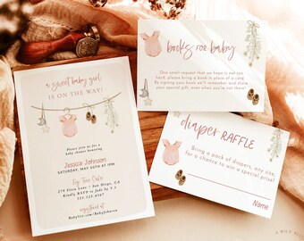 May include: A set of three printed baby shower cards featuring a pink onesie, baby shoes, and floral illustrations. The cards include text for a baby shower invitation, a books for baby request, and a diaper raffle entry with blank lines.