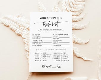 PRINTED + SHIPPED | Who Knows the Bride Best Bridal Shower Game | Minimalist Trivia M8