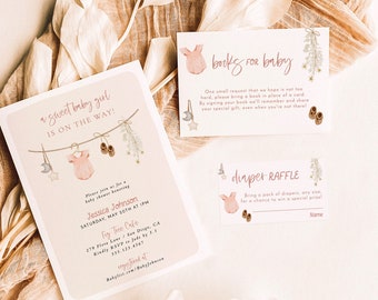 May include: A pink and white baby shower invitation with a floral design. The invitation includes the text "a sweet baby girl is on the way!" and details for the shower, including the date, time, location, and RSVP information. The invitation also includes a "books for baby" card and a "diaper raffle" card.