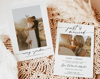 Photo Wedding Announcement, Elopement, Nothing Fancy Just Love, Married, Reception Invite, Instant Download, Editable Template, M9