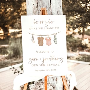 Signo de bienvenida de revelación de género moderno, cartel de revelación de género beige, signo de bienvenida neutral de género, signo de bienvenida boho, C2